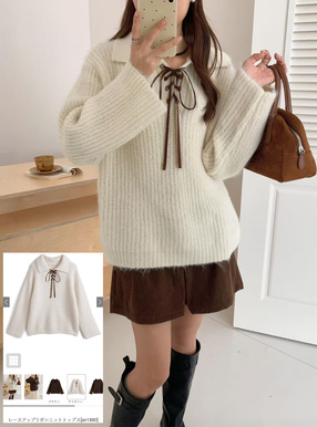 レースアップリボンニットトップス