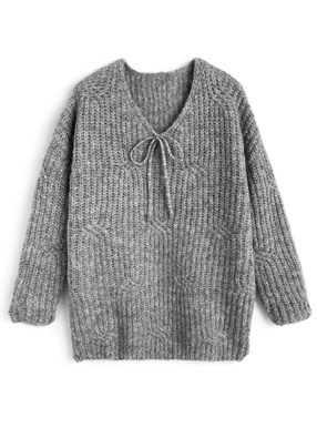 Vネックリボンルーズニットトップス