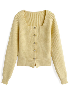 スクエアネックゴールドボタンリブニットカーディガン