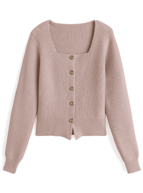 スクエアネックゴールドボタンリブニットカーディガン