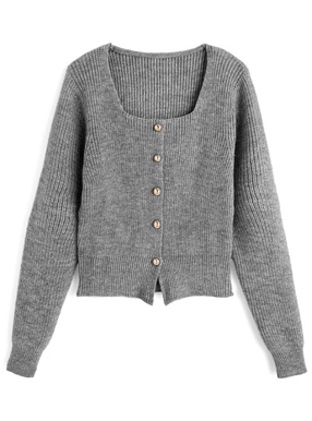 スクエアネックゴールドボタンリブニットカーディガン