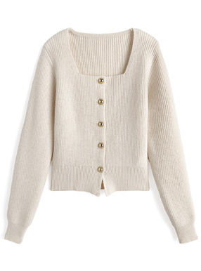 スクエアネックゴールドボタンリブニットカーディガン