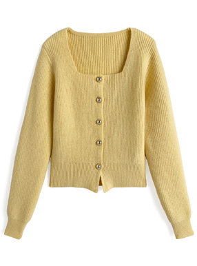 スクエアネックゴールドボタンリブニットカーディガン