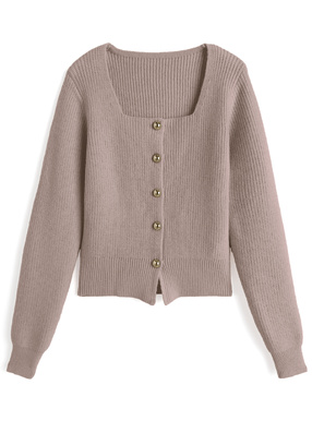 スクエアネックゴールドボタンリブニットカーディガン