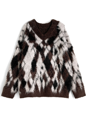 アーガイル柄シャギーニットトップス