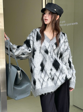 アーガイル柄シャギーニットトップス