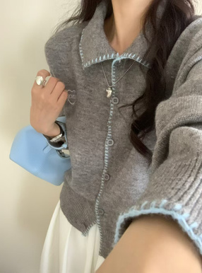 ロゴ刺繍配色ステッチカーディガン