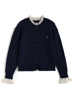 シアーフリルケーブル編みニットカーディガン