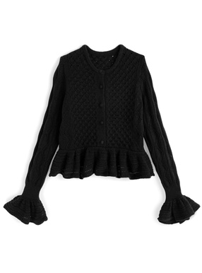 透かし編みベルスリーブペプラムニットカーディガン