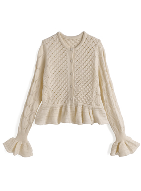 透かし編みベルスリーブペプラムニットカーディガン