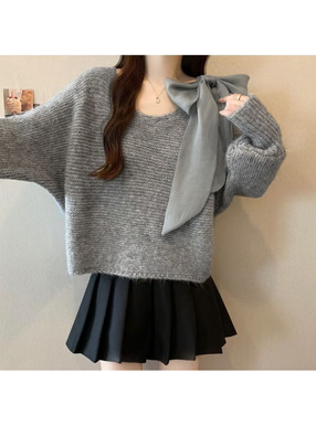 リボン付きワンショルダーニットトップス