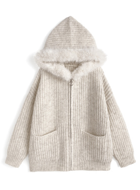 ファーフード付きジップニットパーカー