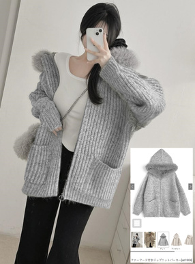 ファーフード付きジップニットパーカー