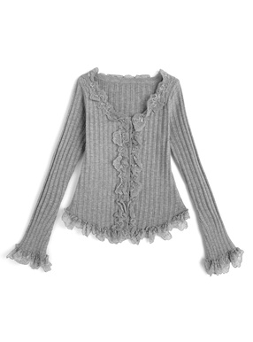 レースフリルリブニットカーディガン