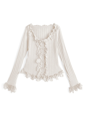 レースフリルリブニットカーディガン