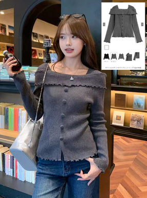 オフショルダーメロウリブニットトップス