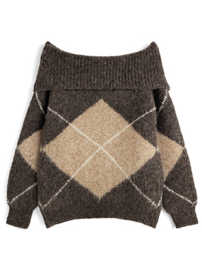 アーガイル柄オフショルダーニットトップス