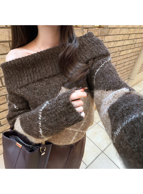 アーガイル柄オフショルダーニットトップス