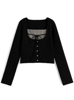 チェック柄レイヤード風リボンニットトップス