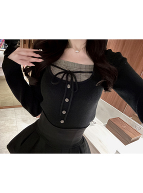 チェック柄レイヤード風リボンニットトップス