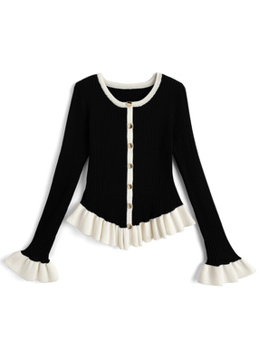 配色フリルリブニットカーディガン