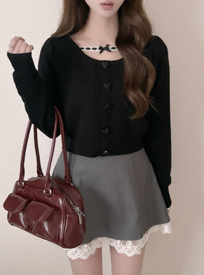 レースリボンハートボタンニットトップス