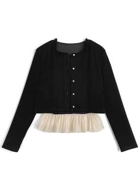 パールボタンカーディガン×裾フリルキャミソールベロアアンサンブル