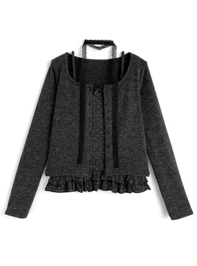 レースタイ付きドット柄フリルキャミソール×カーディガンアンサンブル