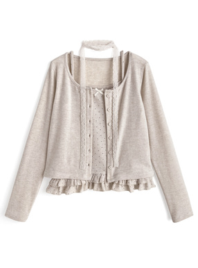 レースタイ付きドット柄フリルキャミソール×カーディガンアンサンブル