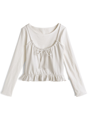 ドット柄リボンフリルキャミソール×ロンTアンサンブル