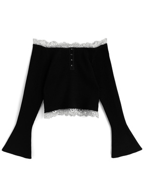 レースオフショルダーリブニットトップス