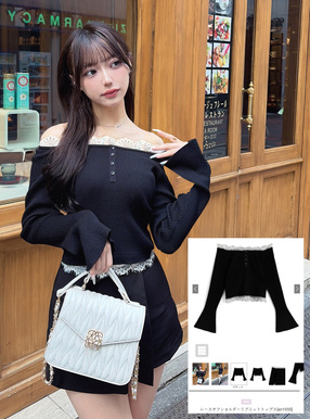 レースオフショルダーリブニットトップス