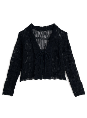 リボンフリル透かし編みニットカーディガン