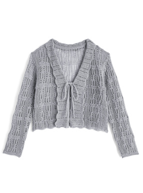 リボンフリル透かし編みニットカーディガン