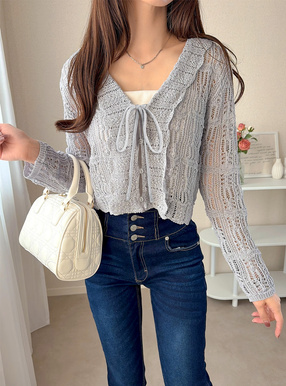 リボンフリル透かし編みニットカーディガン