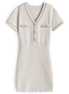 Vネック配色ステッチニットミニワンピース