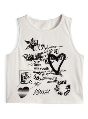 グラフィックプリントショート丈タンクトップTシャツ