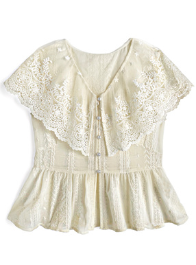 花柄レースビッグカラーノースリーブブラウス