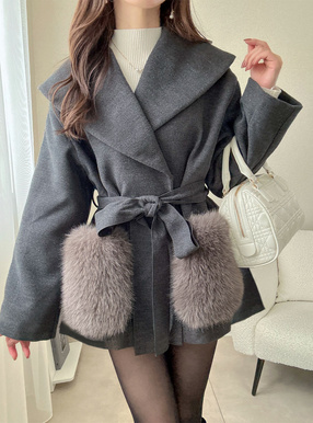 リボンベルト付きファーポケットガウンコート