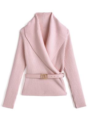 ベルト付きワイドカラーリブニットトップス