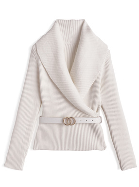 ベルト付きワイドカラーリブニットトップス