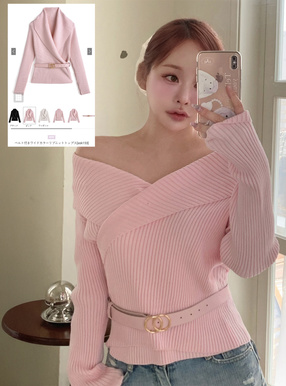 ベルト付きワイドカラーリブニットトップス