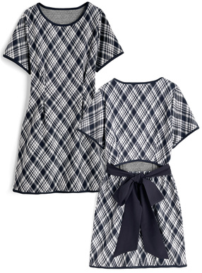 バイアスチェック柄バックオープンリボンミニワンピース