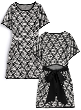 バイアスチェック柄バックオープンリボンミニワンピース