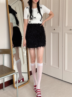 裏地付きフリンジチュールミニスカート