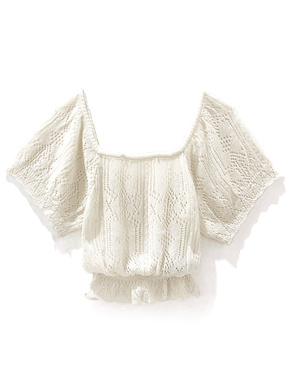 袖2Way透かし編みスカラップニットトップス