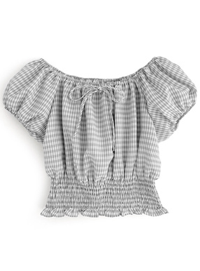 チェック柄オフショルダーリボンショート丈トップス