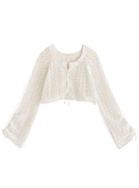 透かし編みレースアップショート丈ニットトップス