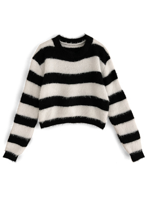 ボーダー柄シャギーショート丈ニットトップス