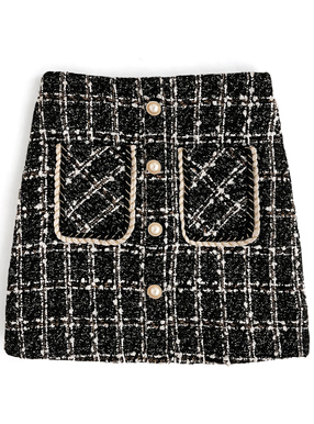 インパン裏地付きツイードパールボタンミニスカート